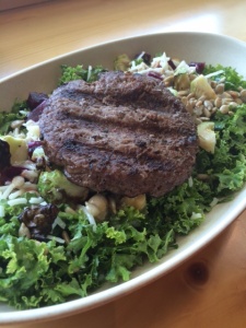 Our Harvest Kale Salad and grilled, grass-fed beef.